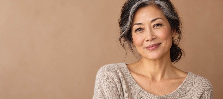 Smiling woman in her fifties with gray-streaked hair wearing a beige knit sweater