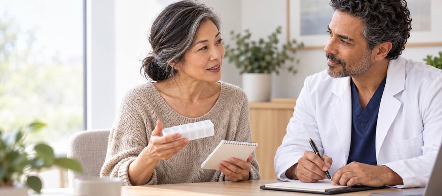 Patient holding a pill organizer and notepad while talking with a surgeon who is taking notes