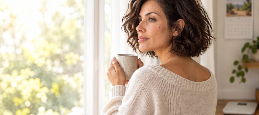Woman holding a mug and looking out a bright window, with a wall calendar and bathroom scale in the background