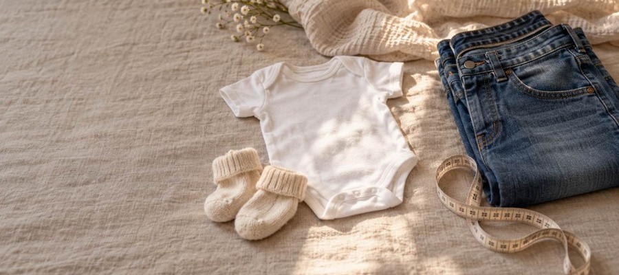 Baby onesie and knit socks beside folded jeans and a measuring tape on linen