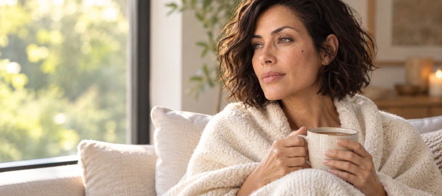 Woman wrapped in a cream blanket on a sofa holding a mug and looking out the window