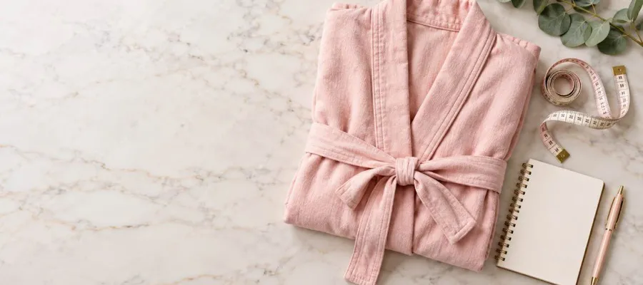 Folded pink robe, measuring tape, notebook and pen on a marble surface