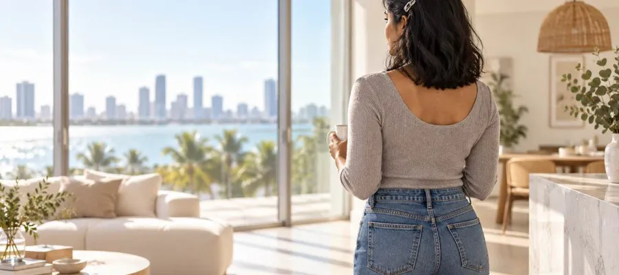 Woman in jeans and a fitted top seen from behind, looking out at the Miami skyline from a bright apartment