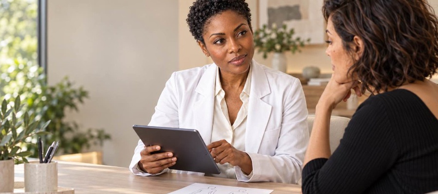 Plastic surgeon with a tablet talking with a patient across a desk, with body outline sketches on paper