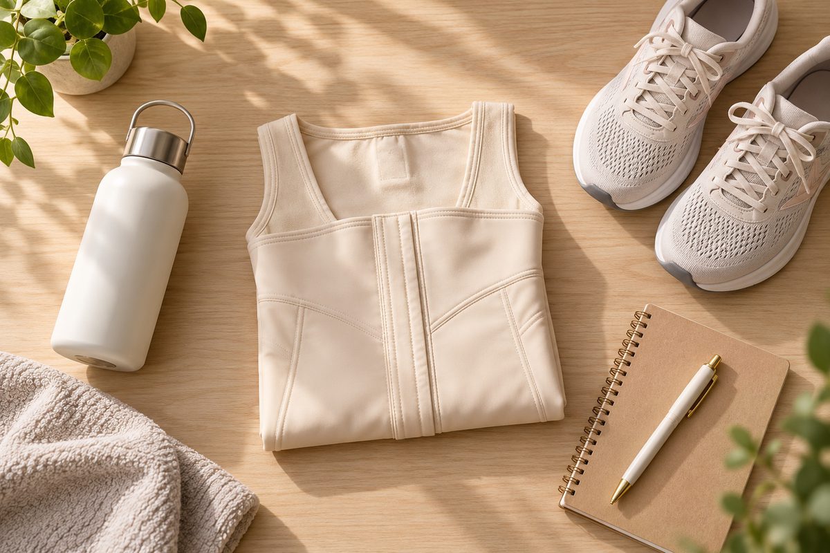 Recovery essentials laid out on a table: compression garment, water, walking shoes, notebook